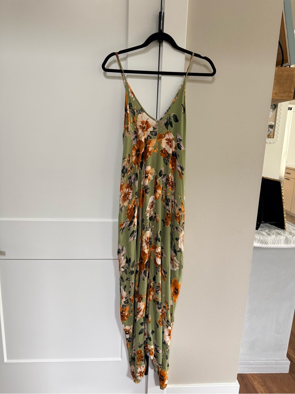 Floral V-Neck Slip Dress with pockets in Olive Green